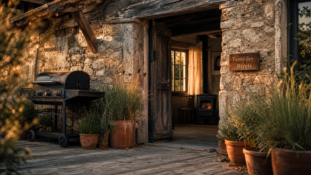 Terrasse de la Ferme des Bayets avec entrée en pierre, bois et jardin clos