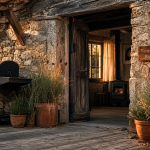 Terrasse de la Ferme des Bayets avec entrée en pierre, bois et jardin clos