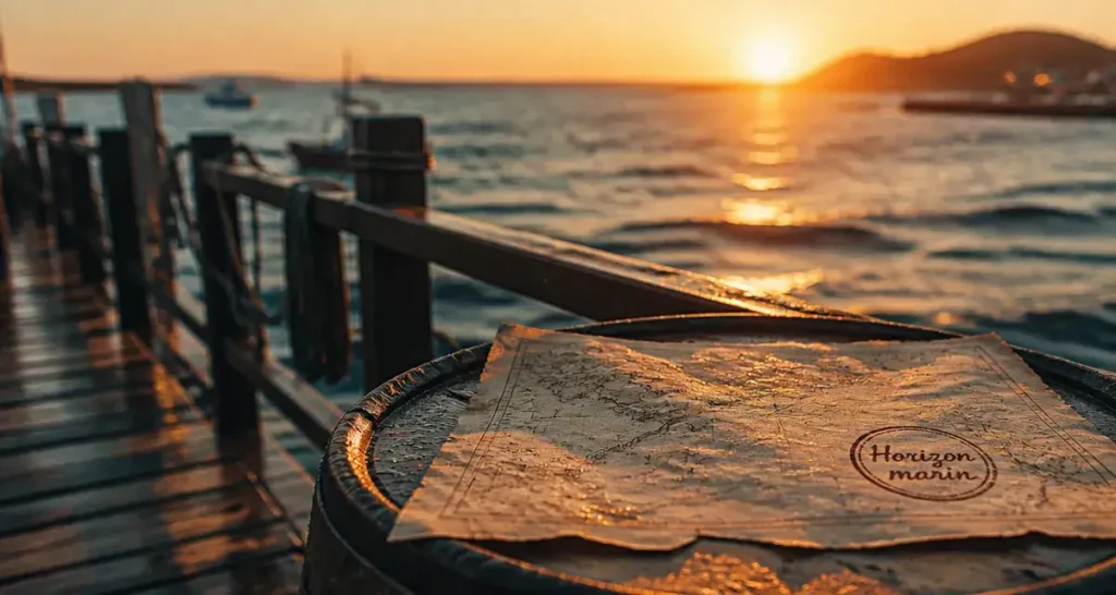 La mer citation : horizon au coucher du soleil, carte marine et jetée