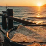 La mer citation : horizon au coucher du soleil, carte marine et jetée