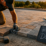 pose pavage terrasse artisan ajustant pavé