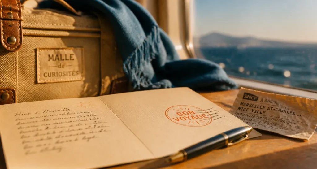 Souhaiter un bon voyage : carte postale et valise sur la Méditerranée