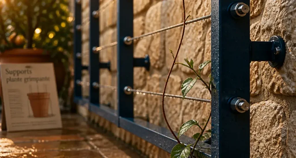 Support plante grimpante : treillis mural et câbles inox sur pierre