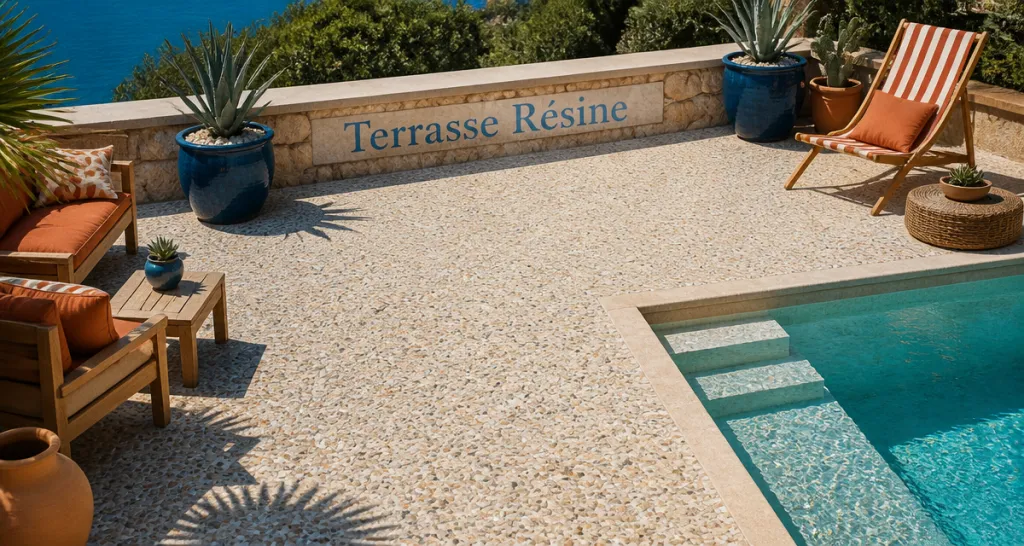 terrasse en résine avantage et inconvénient devant piscine