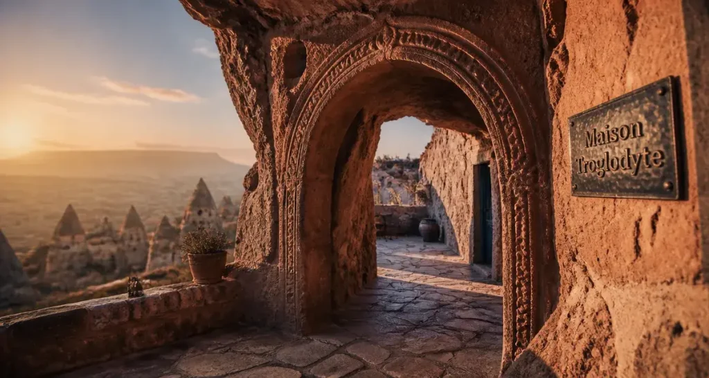 Turquie maison troglodyte en Cappadoce, terrasse en tuf et porte voûtée