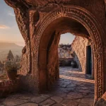 Turquie maison troglodyte en Cappadoce, terrasse en tuf et porte voûtée