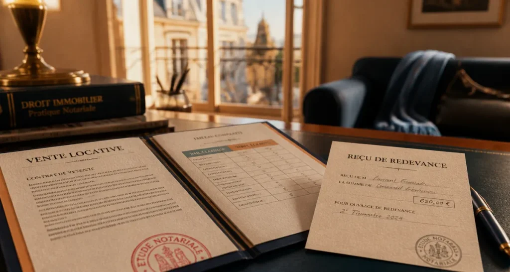 Vente locative : bureau du notaire, dossier et contrat