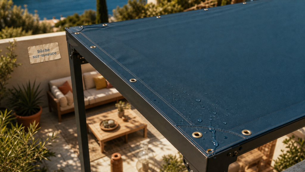 Bache pour pergola PVC microperforee imperméable sur terrasse moderne