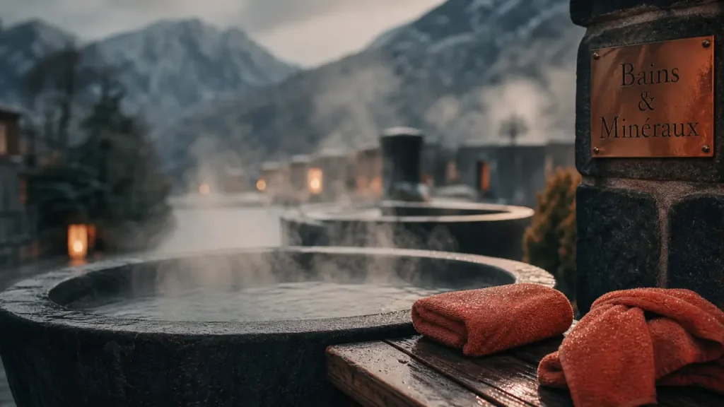 Bain d eau chaude naturel en montagne avec vapeur et bassins