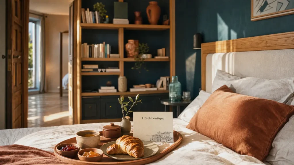 Boutique hotel def : intérieur avec plateau petit-déjeuner et tête de lit