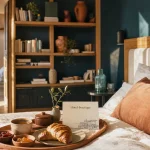 Boutique hotel def : intérieur avec plateau petit-déjeuner et tête de lit