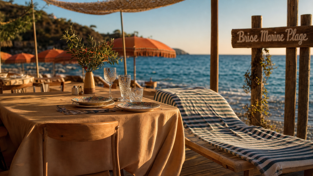 Brise marine plage à Carqueiranne : table dressée et transats sur la plage