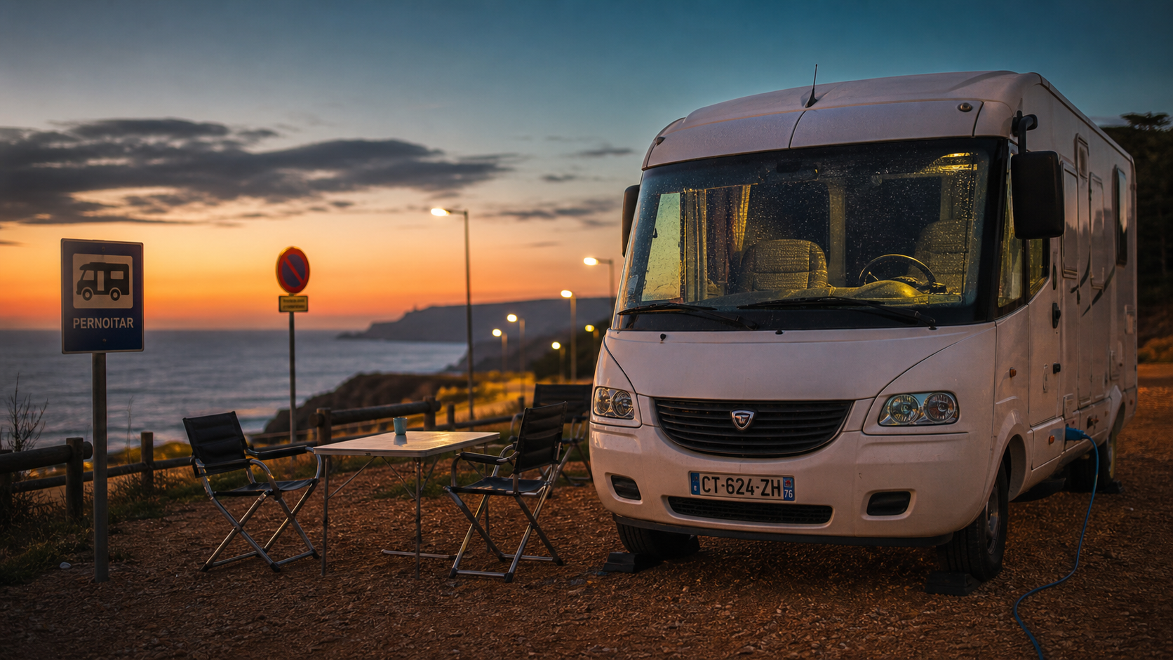 Camping car au Portugal sur aire autorisée, PERNOITAR, coucher de soleil Atlantique