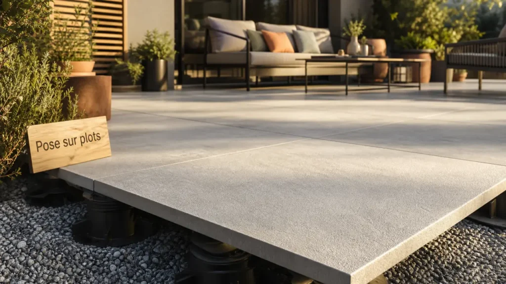 Carrelage terrasse moderne effet béton R11 sur plots, dalles et joints fins