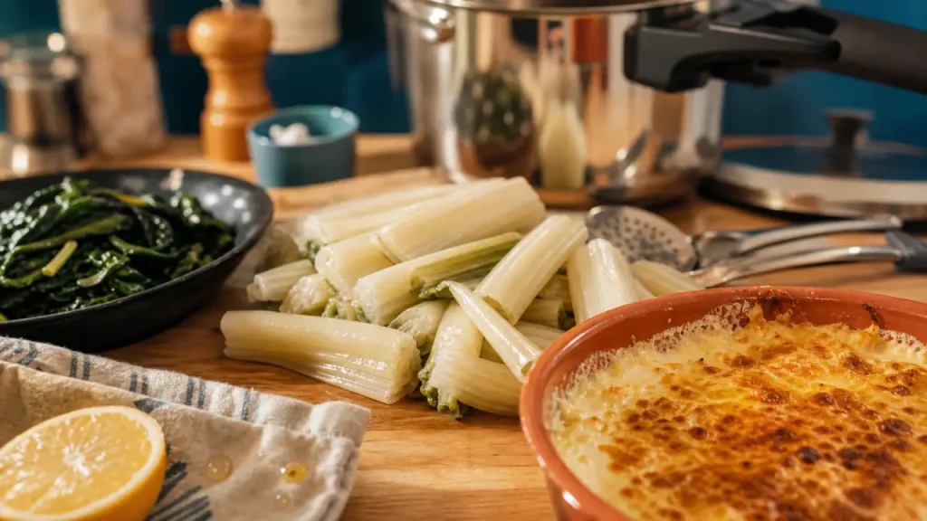 Cuisson cote de blette au gratin, plat terracotta et parmesan