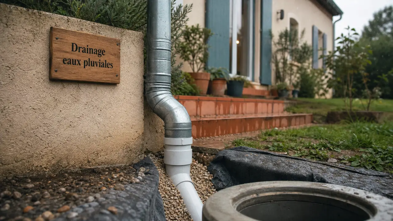 Drainage eau de pluie gouttière : raccord vers tuyau PVC enterré et tranchée drainante