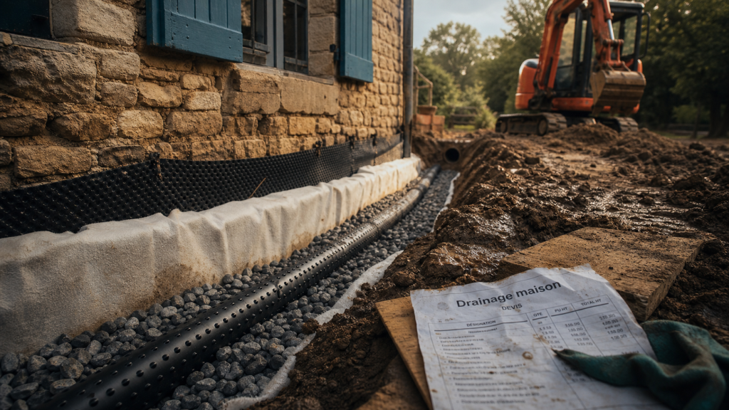 Drainage maison ancienne prix : tuyau perforé dans une tranchée le long du mur