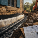 Drainage maison ancienne prix : tuyau perforé dans une tranchée le long du mur
