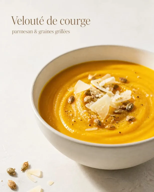 Recette courge jaune : velouté onctueux servi dans un bol avec parmesan et graines grillées