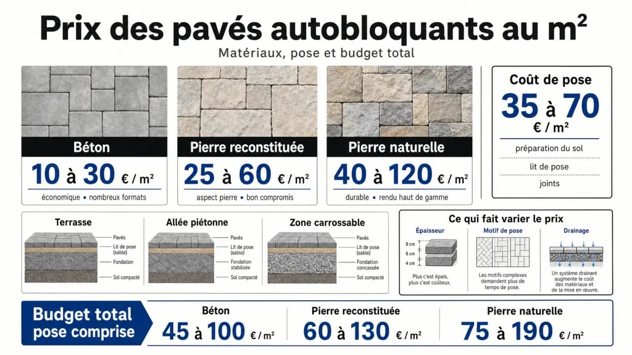 Prix des paves autobloquant : comparatif visuel des tarifs au m² selon le matériau, la pose et le budget total