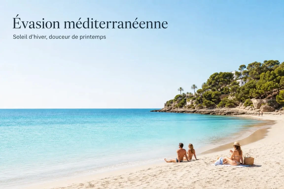 Vacance au soleil sur une plage méditerranéenne lumineuse avec mer turquoise