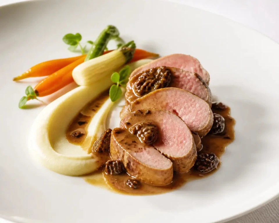 Recette filet mignon de veau gastronomique dressé en assiette avec sauce aux morilles