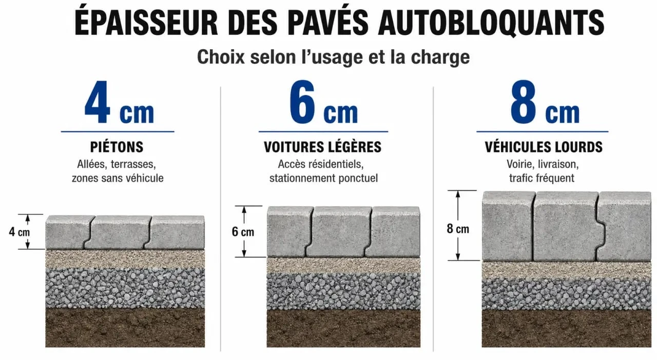 Infographie des épaisseurs de pavés autobloquants selon l'usage pour une allée ou terrasse