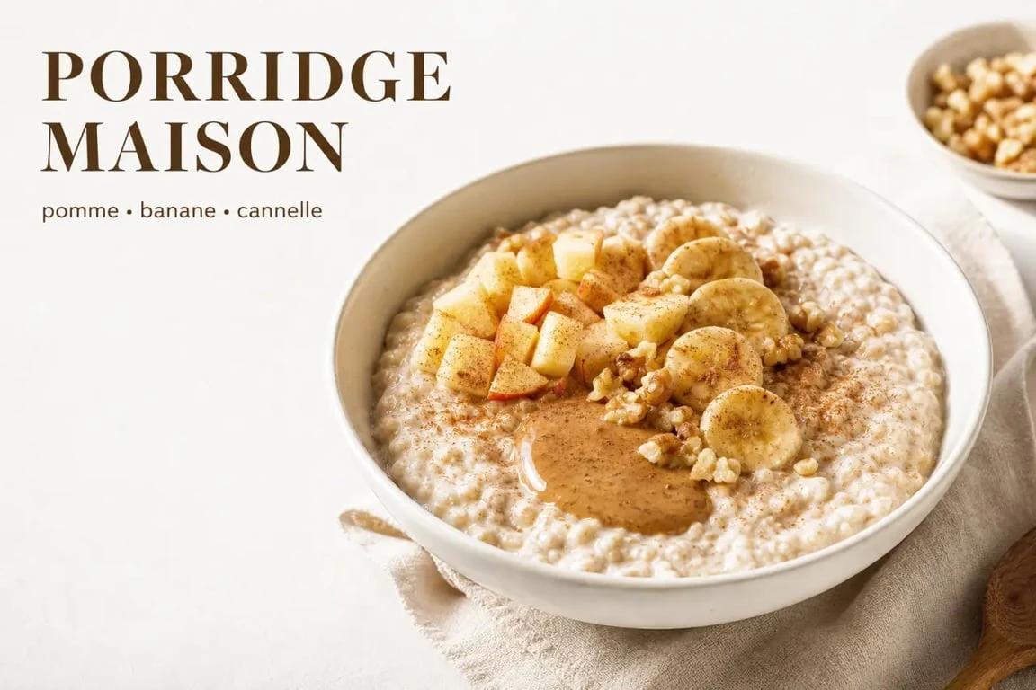 Recette de porridge maison dans un bol avec pomme, banane et noix