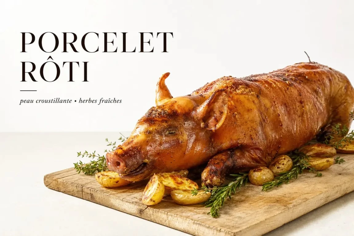 Porcelet à la broche doré et croustillant servi sur grande planche, vue de 3/4