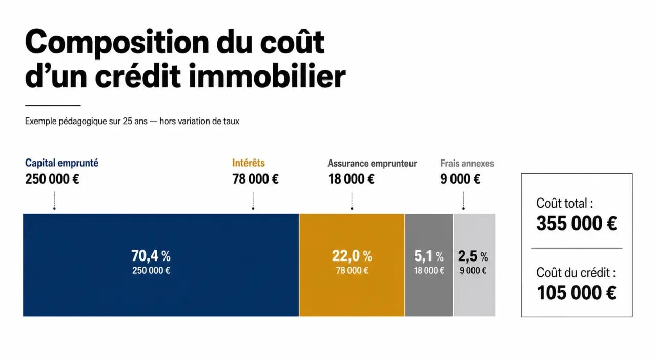 Combien coute un credit immobilier : visualisation de la composition du coût avec intérêts, assurance et frais annexes
