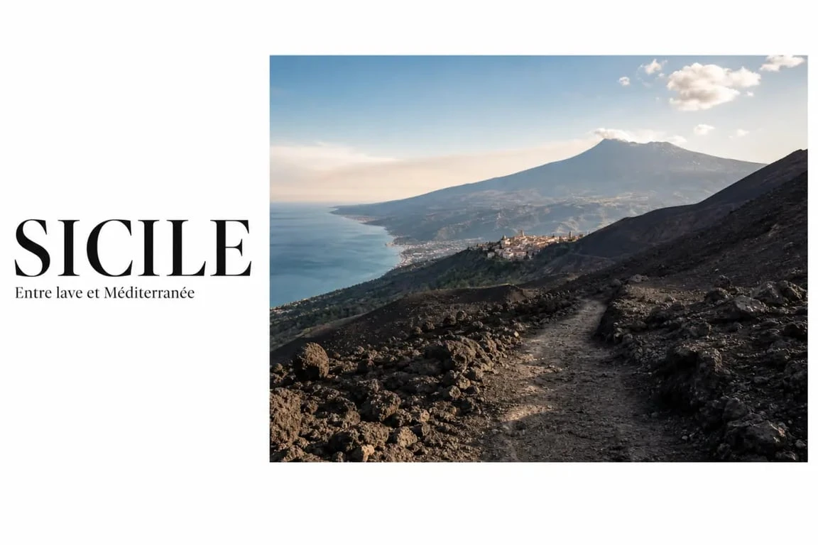 Sicile paysage avec l’Etna, la mer et un village perché