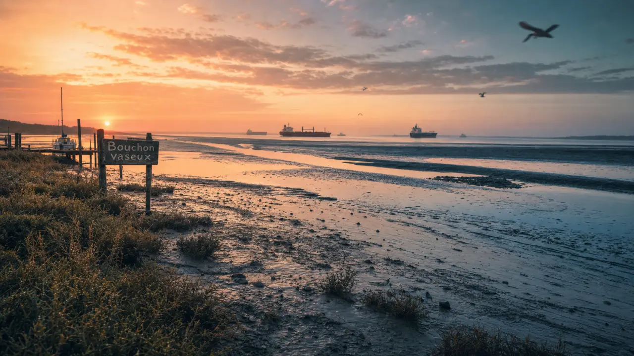 Estuaire au lever du soleil, ciel orangé et eaux calmes vus depuis la rive