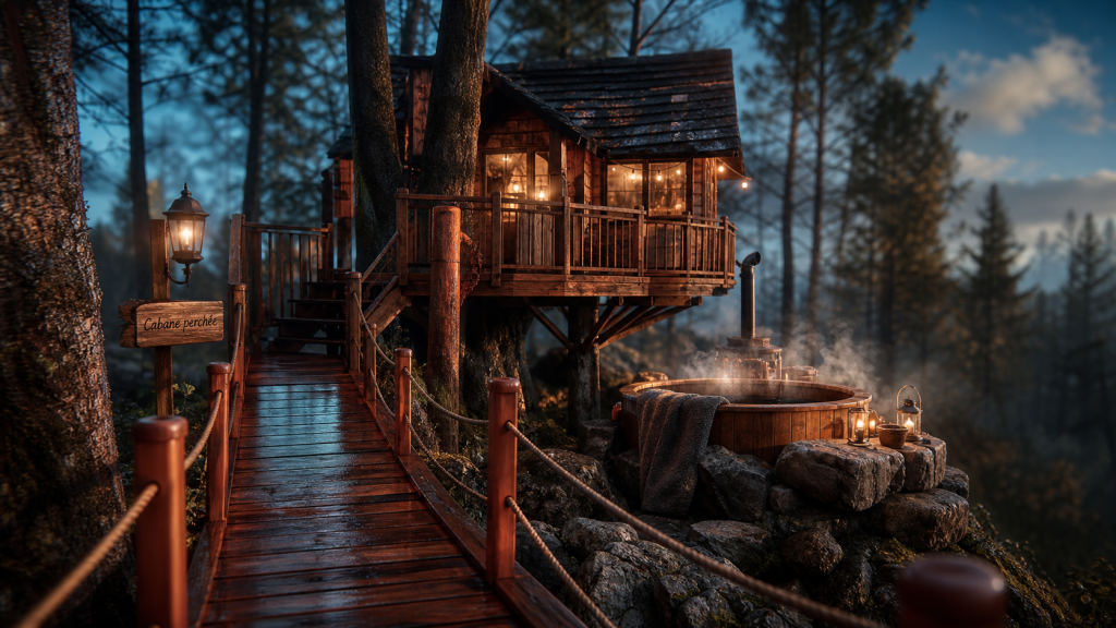 Habitats insolites : cabane perchée en forêt avec bain nordique fumant