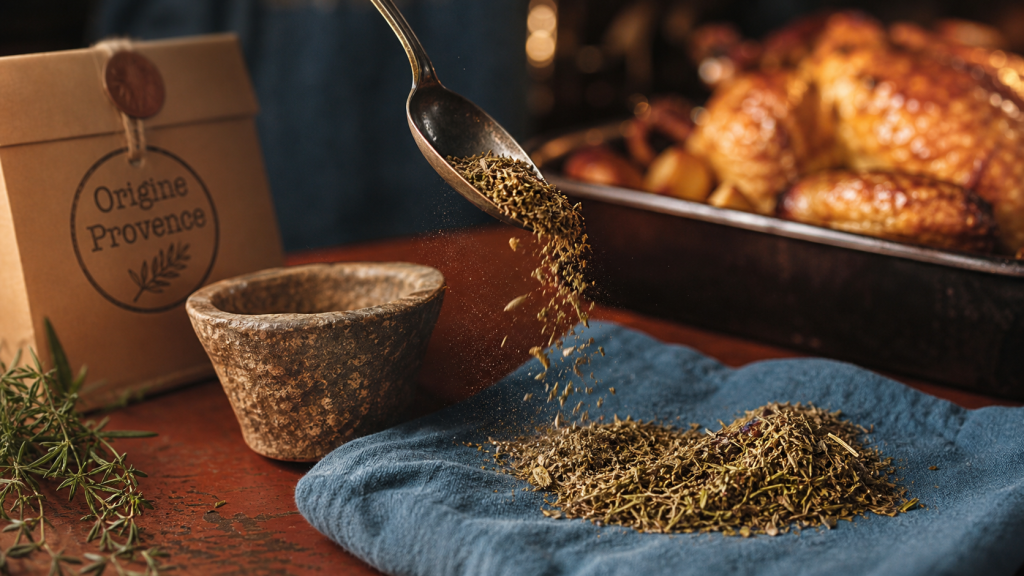 Herbes de provence au mortier sur table en bois