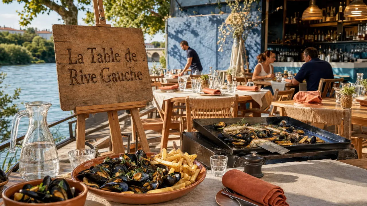 La table de rive gauche à Sérignan, terrasse au bord de la rivière, moules-frites