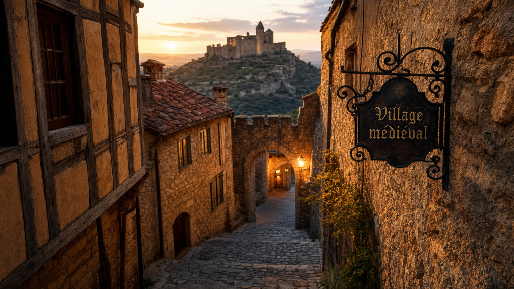medieval village, ruelle pavée et porte fortifiée au coucher du soleil