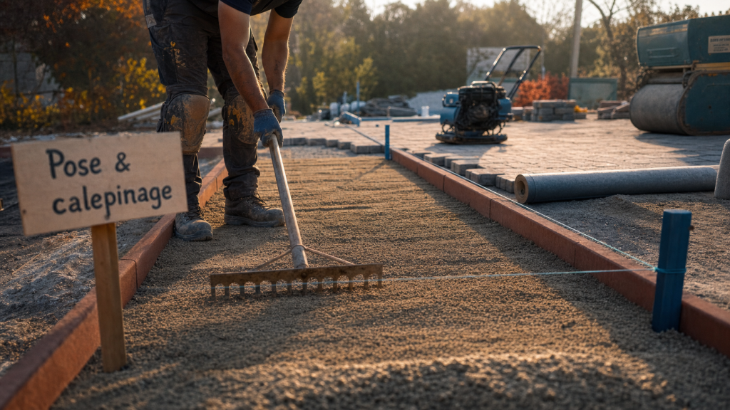 Pavé autobloquant pose sur sable : chantier, lit de pose et sable tassé