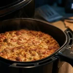 Pizza surgelée airfryer à 190°C, bords dorés et fromage fondu