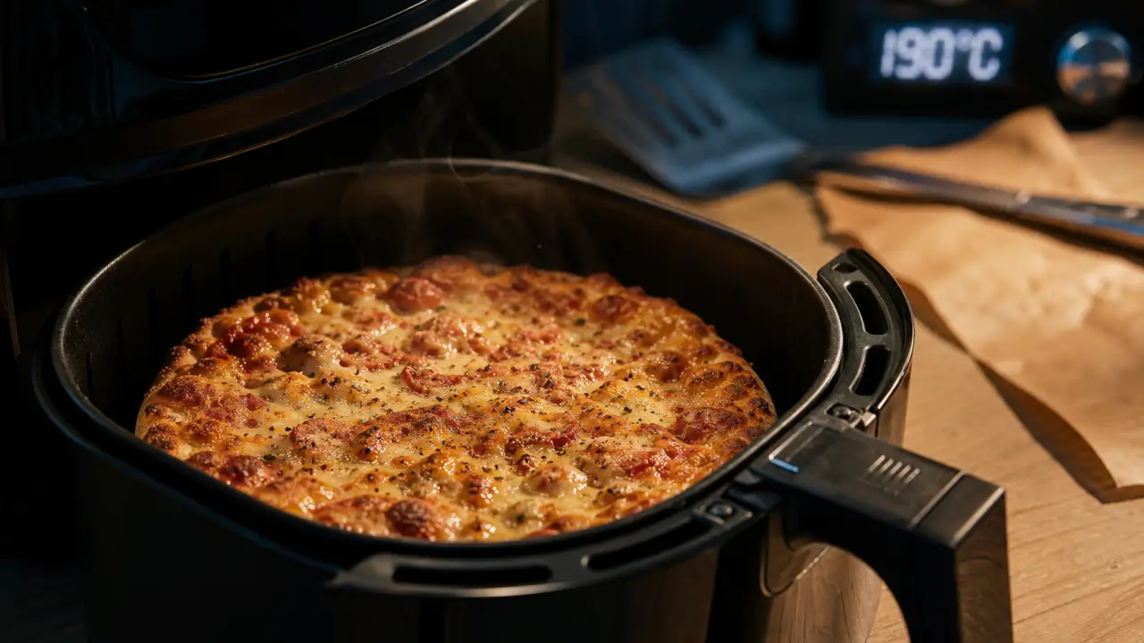 Pizza surgelée airfryer à 190°C, bords dorés et fromage fondu