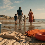 Plage caen : famille vers la mer à Ouistreham, sable et parapluie