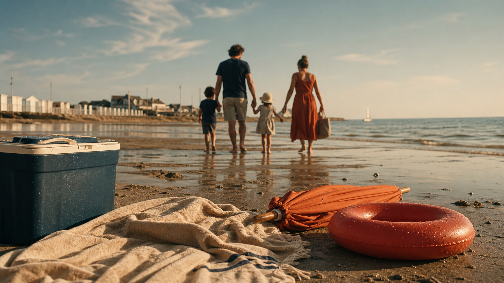 Plage caen : famille vers la mer à Ouistreham, sable et parapluie