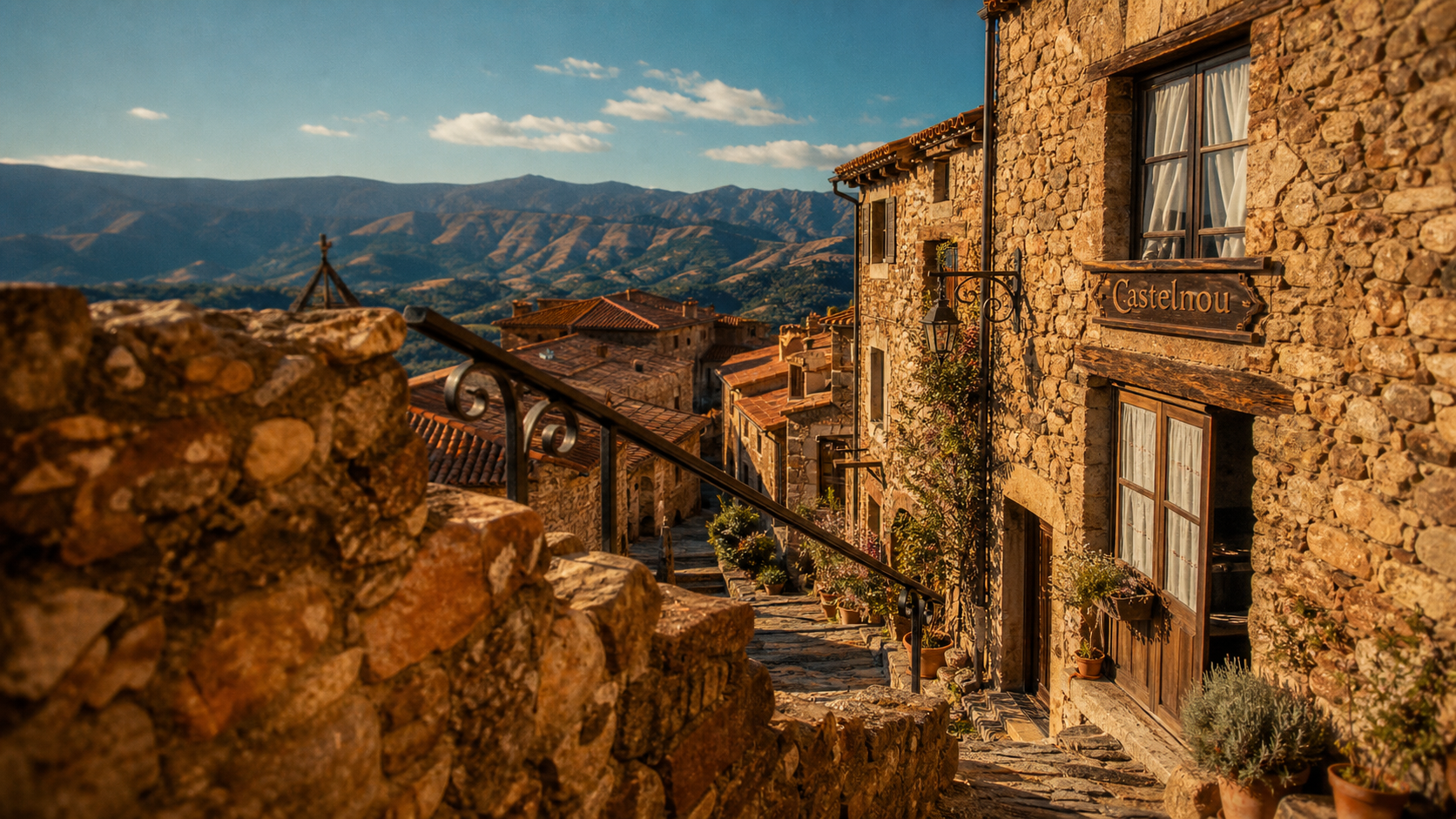 Plus beaux villages autour de Canet-en-Roussillon : ruelles de Castelnou, pierre sèche et Aspres au loin