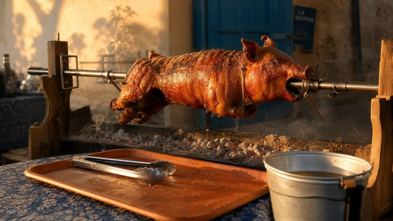 Porcelet a la broche, peau dorée et croustillante, en cuisson
