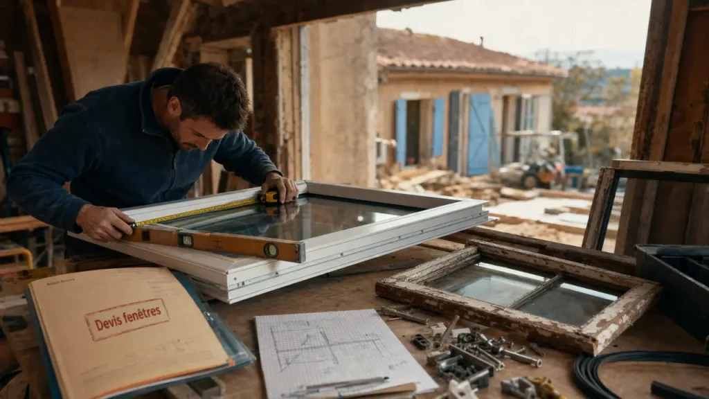 Prix remplacement fenetre : installateur mesure et vérifie vitrage pour devis