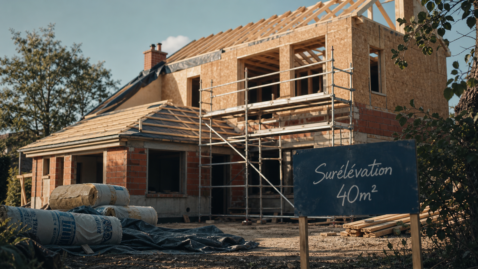 Prix surélévation maison 40m2 : toiture et ossature bois en chantier