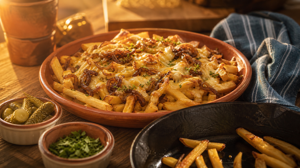 Que faire avec des frite froides : gratin de frites réchauffées, fromage fondu et oignons caramélisés