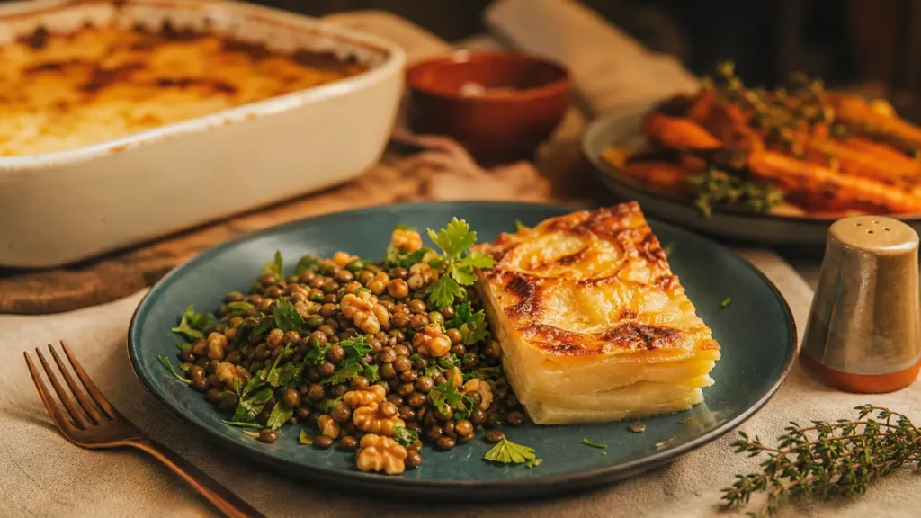 Salade de lentilles tiède à servir avec un gratin dauphinois sans viande