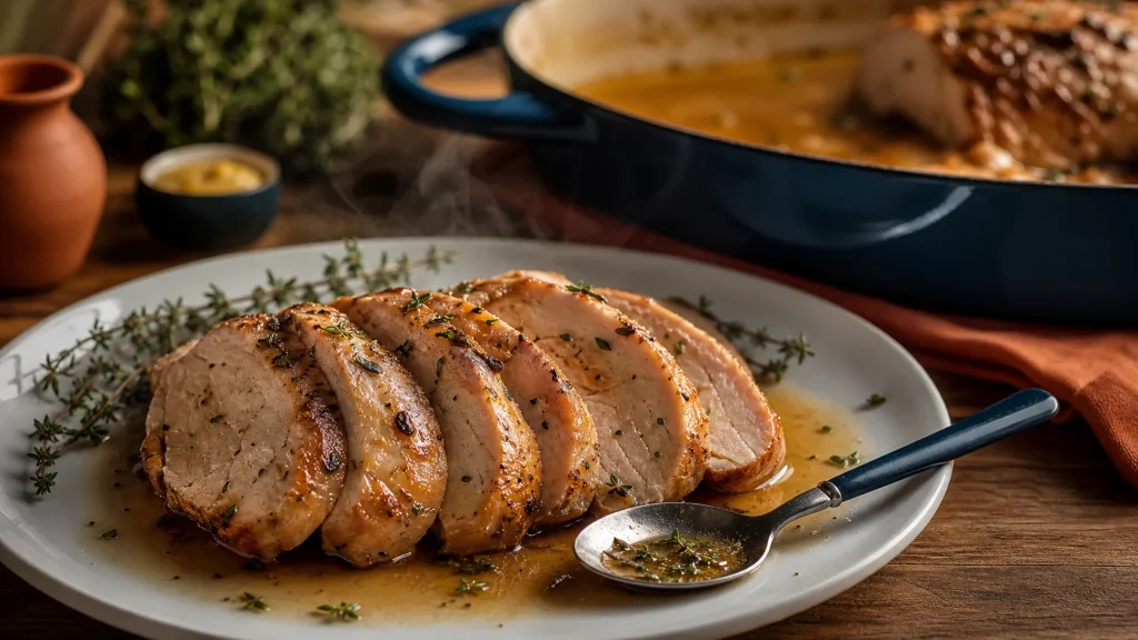 Recette filet de dinde au four moelleux : tranches nappées de jus, thym, arrosage