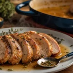 Recette filet de dinde au four moelleux : tranches nappées de jus, thym, arrosage