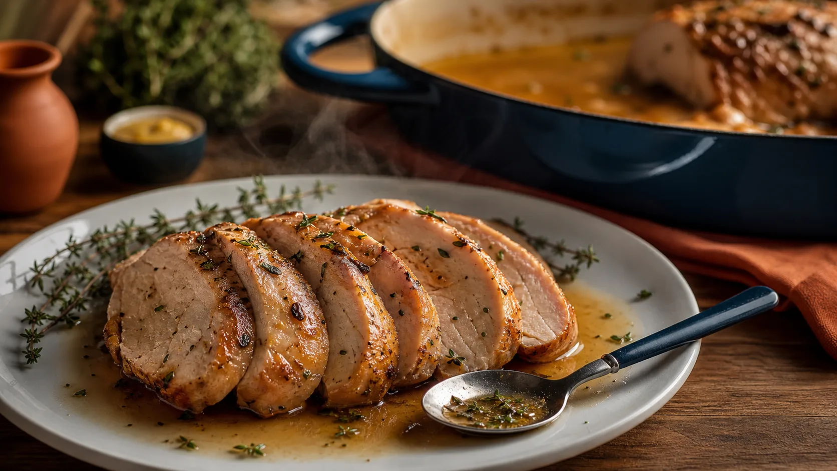Recette filet de dinde au four moelleux : tranches nappées de jus, thym, arrosage